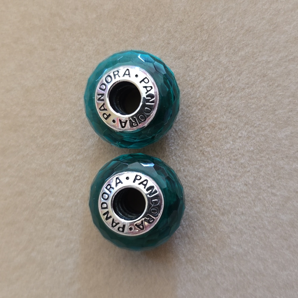 2pc Pandora Turquoise / Sea Green Glass Faceted Charm Beads - Picture 3 of 5